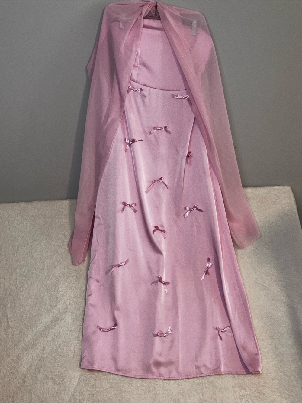 Momyknows maternity Pink Satin 3D Slip Dress Sheer Overlay Babyshower Maxi Sz S